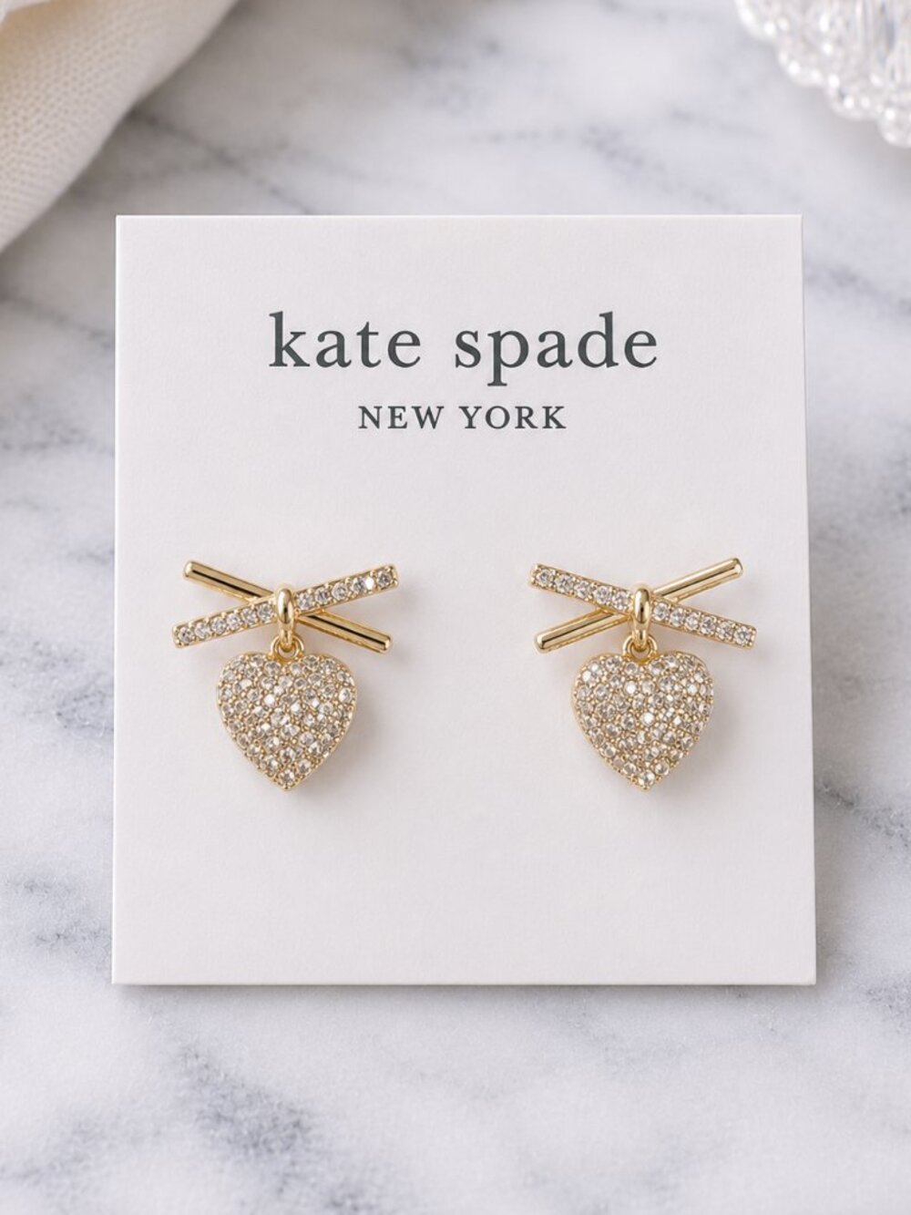 Kate Spade Crystal Bow Heart Drop Earrings Gold Rhinestone Romantic Coquette